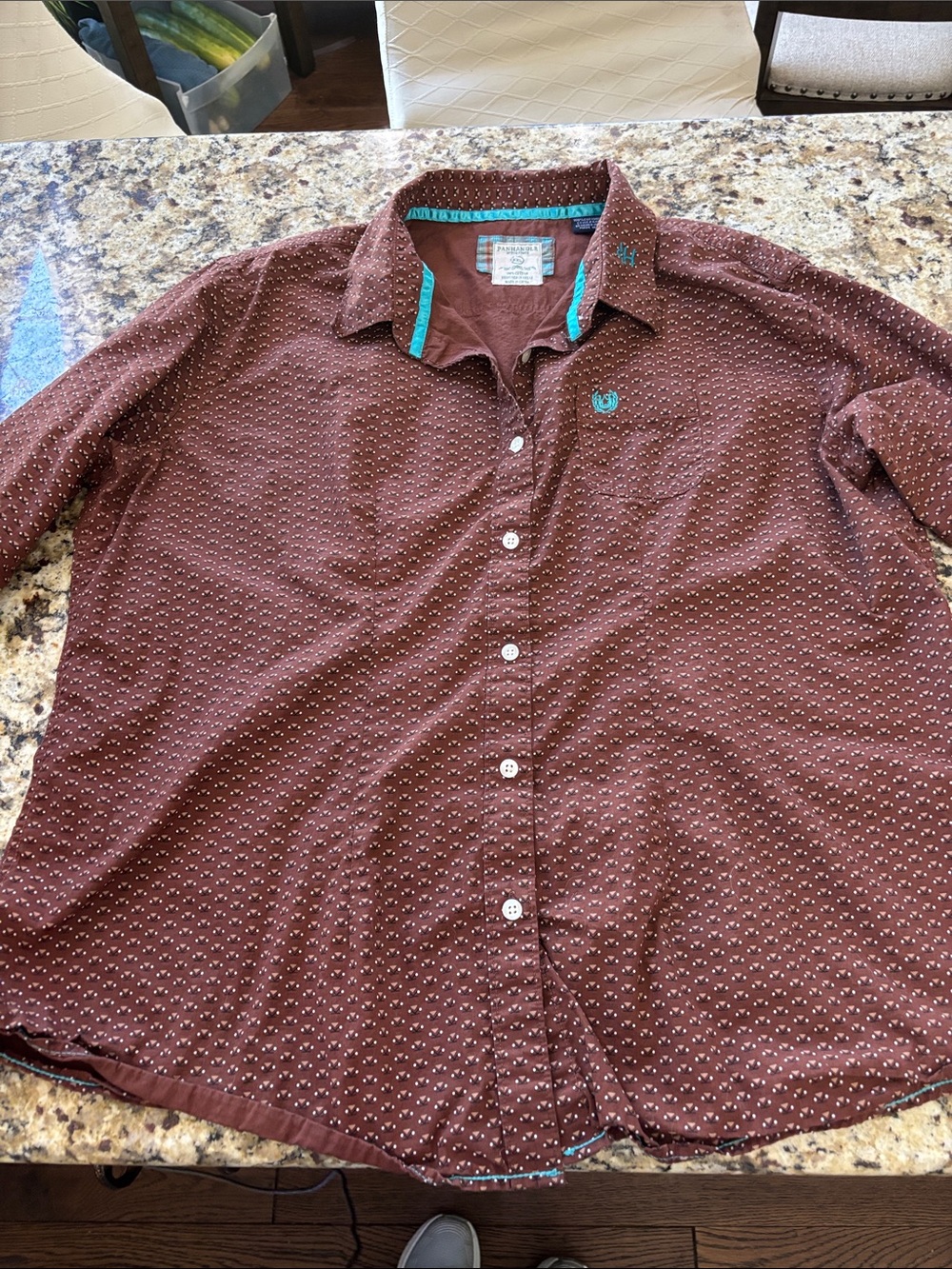 Panhandle Brown Micro-Pattern Men’s Button-Down Shirt with Teal Trim